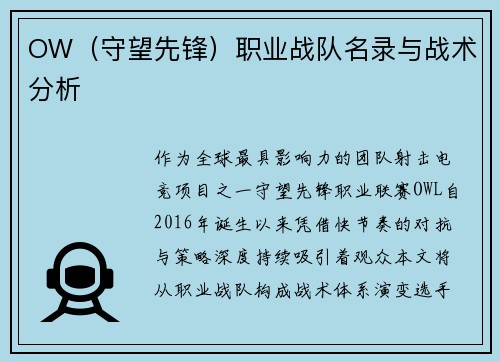 OW（守望先锋）职业战队名录与战术分析
