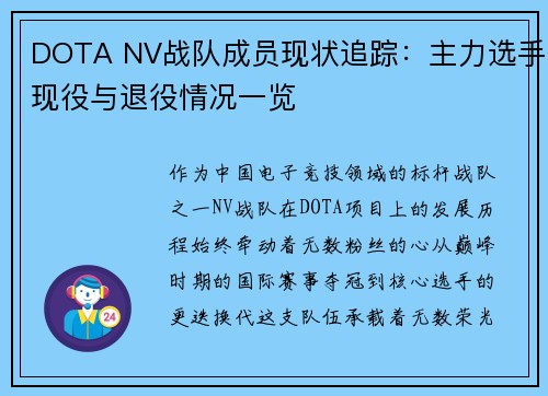 DOTA NV战队成员现状追踪：主力选手现役与退役情况一览